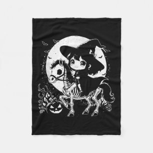 Witch Riding Horse Skeleton Cute Spooky Halloween  Fleece Blanket