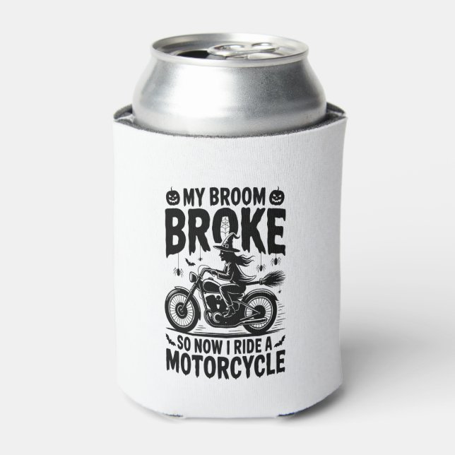 Witch Riding Motorcycle Halloween Can Cooler (Can Front)