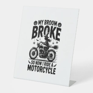 Witch Riding Motorcycle Halloween Pedestal Sign