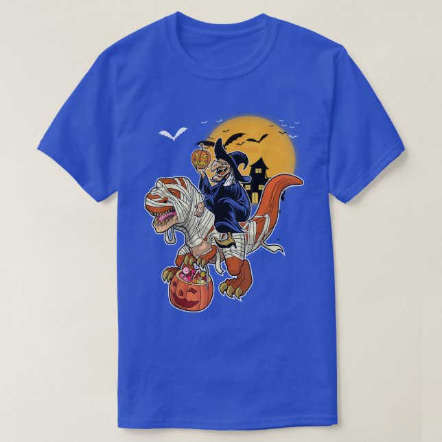 Witch Riding Mummy Dinosaur T re Halloween Funny P T-Shirt (Design Front)