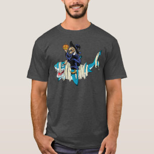 Witch Riding Mummy Shark Halloween Funny Witch Sha T-Shirt