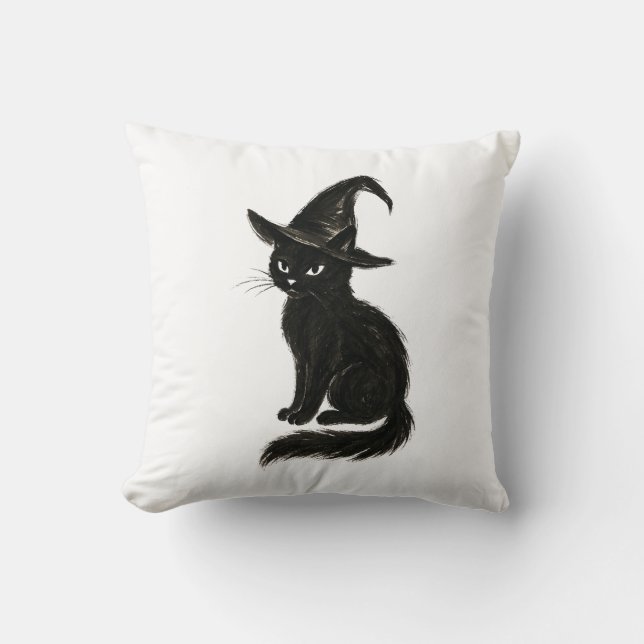 Witch’s Cat – Black Ink Halloween Illustration on  Cushion (Front)