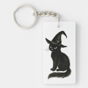 Witch’s Cat – Black Ink Halloween Illustration on  Key Ring