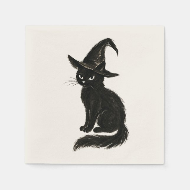 Witch’s Cat – Black Ink Halloween Illustration on  Napkin (Front)