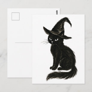 Witch’s Cat – Black Ink Halloween Illustration on Postcard