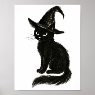Witch’s Cat – Black Ink Halloween Illustration on Poster