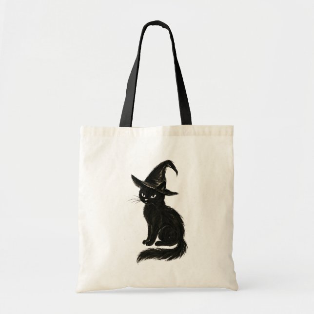 Witch’s Cat – Black Ink Halloween Illustration on  Tote Bag (Front)