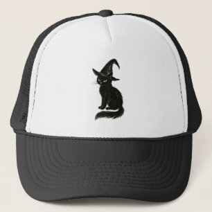 Witch’s Cat – Black Ink Halloween Illustration on Trucker Hat