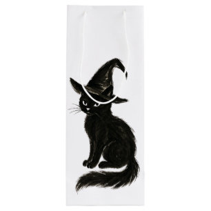 Witch’s Cat – Black Ink Halloween Illustration on Wine Gift Bag