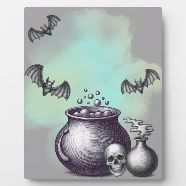 Witch’s Cauldron, Bats & Skull Tabletop Plaque (Front)