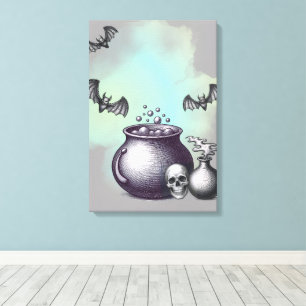 Witch’s Cauldron, Bats & Skull Wrapped Canvas Art