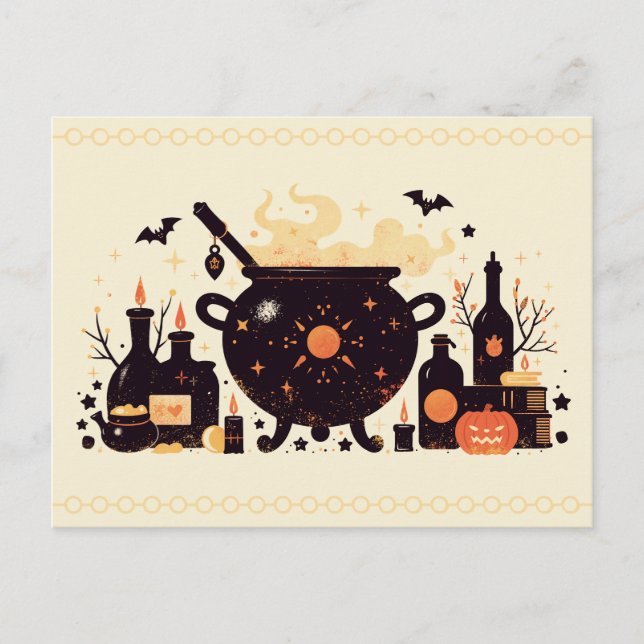 Witch’s Cauldron with Potions and Witchcraft Holiday Postcard (Front)