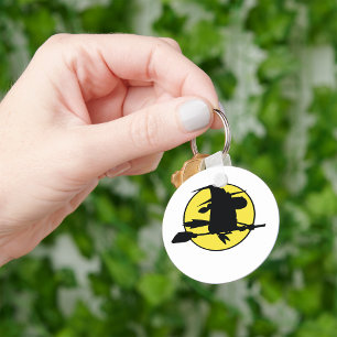 Witch Silhouette Flying on Broom Against Full Moon Key Ring