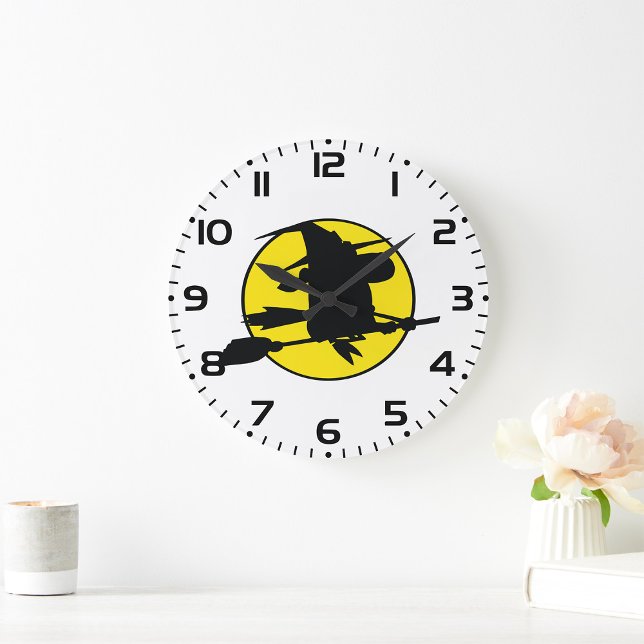 Witch Silhouette Flying on Broom Against Full Moon Large Clock (Creator Uploaded)