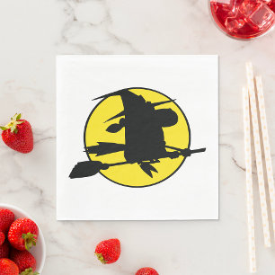 Witch Silhouette Flying on Broom Against Full Moon Napkin