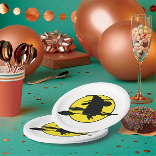 Witch Silhouette Flying on Broom Against Full Moon Paper Plate