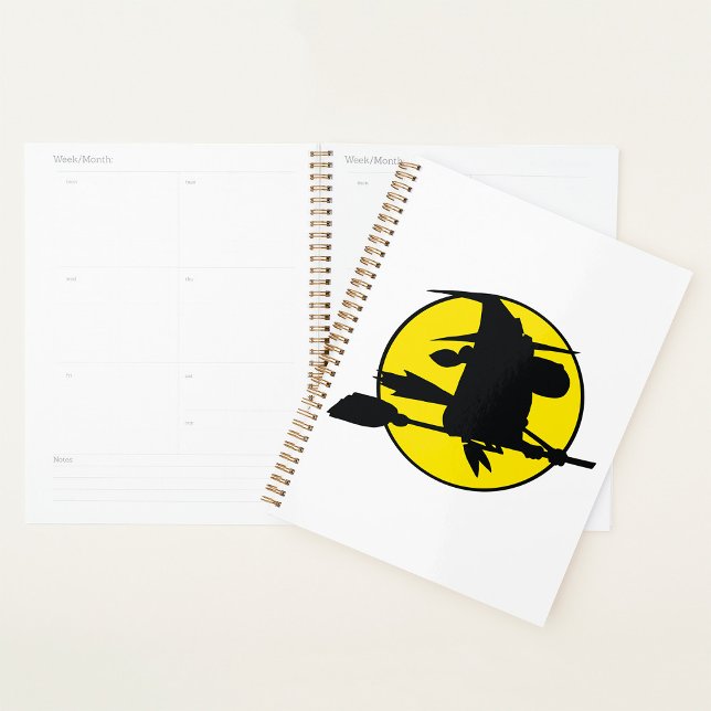 Witch Silhouette Flying on Broom Against Full Moon Planner (Creator Uploaded)