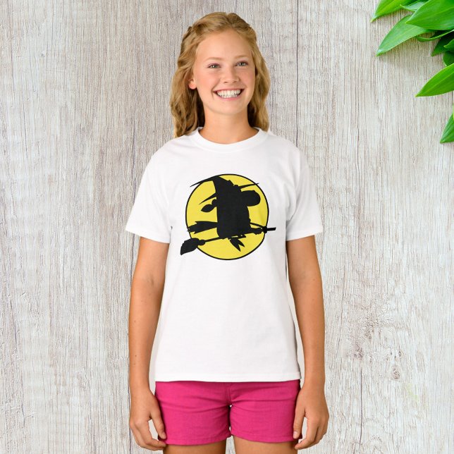 Witch Silhouette Flying on Broom Against Full Moon T-Shirt (Creator Uploaded)