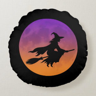 Witch Silhouette on Broom Round Cushion