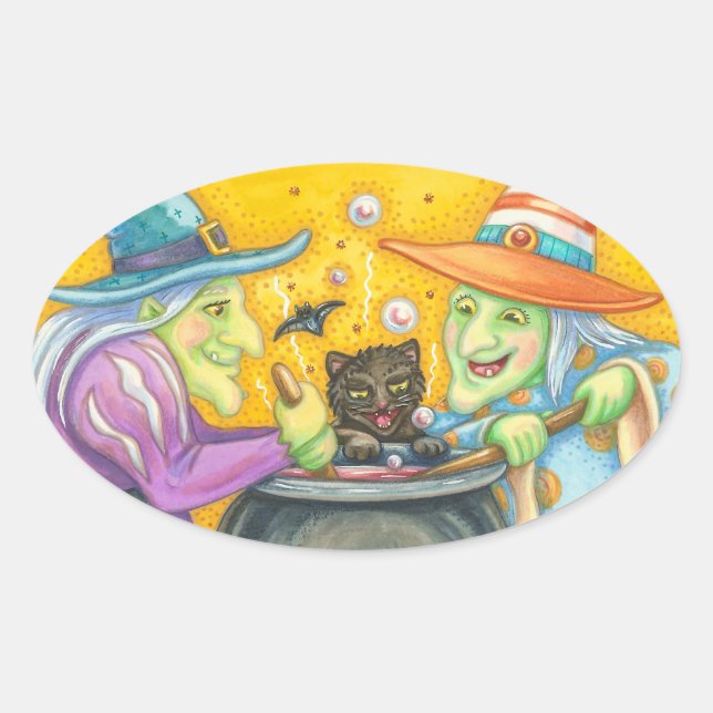 WITCH SISTERS AND BLACK CAT STICKERS Oval Sheet (Front)
