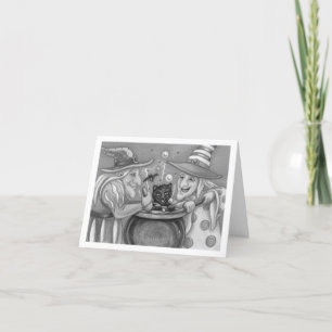 WITCH SISTERS, BLACK CAT & HALLOWEEN BREW CARD