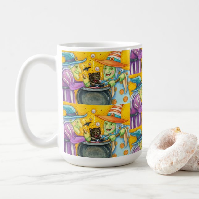WITCH SISTERS, BLACK CAT & HALLOWEEN BREW COFFEE MUG (With Donut)