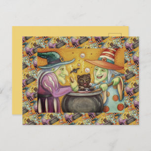 WITCH SISTERS, BLACK CAT & HALLOWEEN BREW HOLIDAY POSTCARD