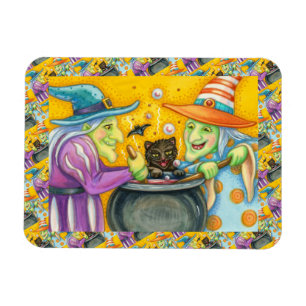 WITCH SISTERS, BLACK CAT & HALLOWEEN BREW MAGNET