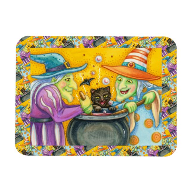 WITCH SISTERS, BLACK CAT & HALLOWEEN BREW MAGNET (Horizontal)