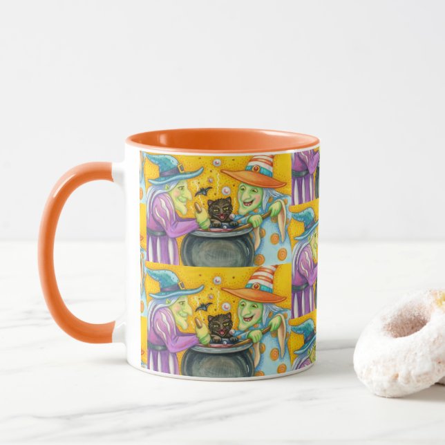 WITCH SISTERS, BLACK CAT & HALLOWEEN BREW MUG (With Donut)