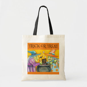 WITCH SISTERS, BLACK CAT, HALLOWEEN TRICK OR TREAT TOTE BAG