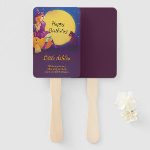witch sitting on pumpkin with cat birthday hand fan