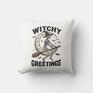 Witch Skeleton Graphic Witchy Greetings Vintage Ha Cushion