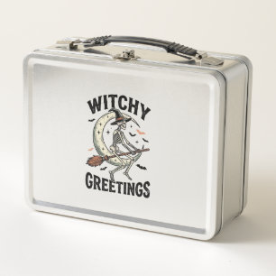Witch Skeleton Graphic Witchy Greetings Vintage Ha Metal Lunch Box