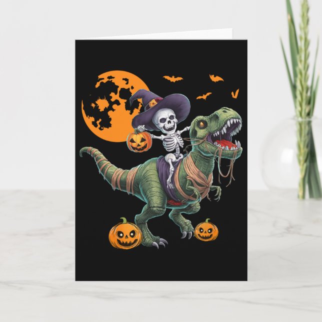 Witch Skeleton Riding Dinosaur T Rex Halloween Fun Card (Front)