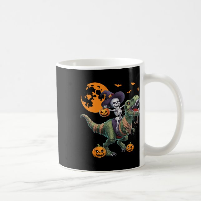 Witch Skeleton Riding Dinosaur T Rex Halloween Fun Coffee Mug (Right)