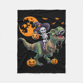 Witch Skeleton Riding Dinosaur T Rex Halloween Fun Fleece Blanket