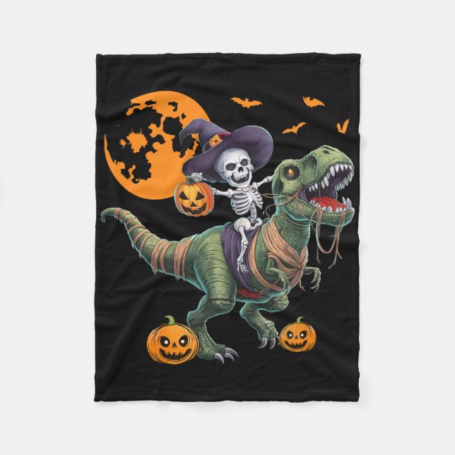 Witch Skeleton Riding Dinosaur T Rex Halloween Fun Fleece Blanket (Front)