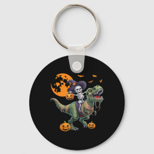 Witch Skeleton Riding Dinosaur T Rex Halloween Fun Key Ring