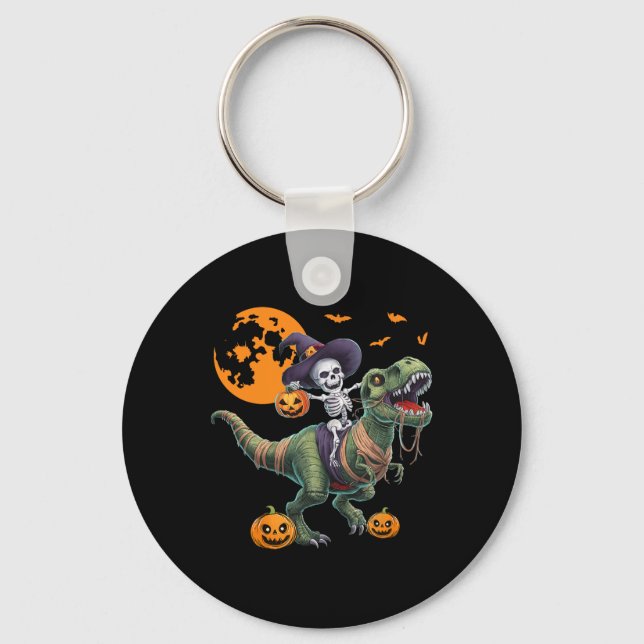 Witch Skeleton Riding Dinosaur T Rex Halloween Fun Key Ring (Front)