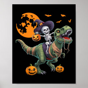 Witch Skeleton Riding Dinosaur T Rex Halloween Fun Poster