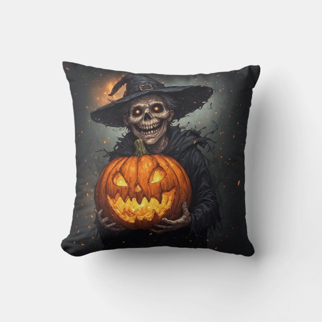 Witch Skeleton With Glowing Pumpkin Halloween 🎃 Cushion (Front)