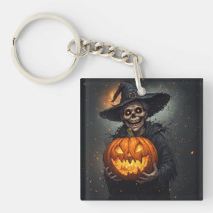 Witch Skeleton With Glowing Pumpkin Halloween 🎃 Key Ring