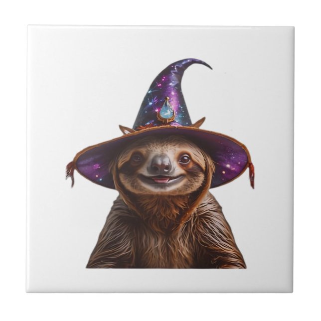 Witch Sloth Halloween trick or treat spooky pumpki Ceramic Tile (Front)