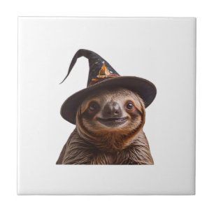 Witch Sloth Halloween trick or treat spooky pumpki Ceramic Tile
