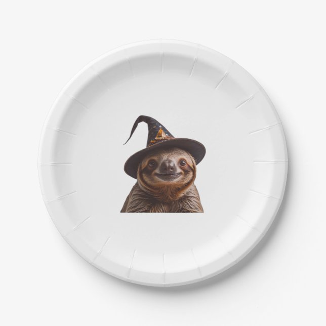Witch Sloth Halloween trick or treat spooky pumpki Paper Plate (Front)