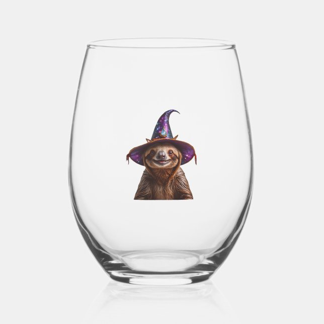 Witch Sloth Halloween trick or treat spooky pumpki Stemless Wine Glass (Front)