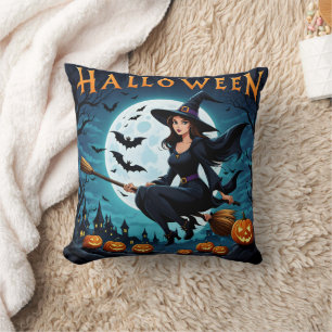 Witch soaring on Halloween night Cushion
