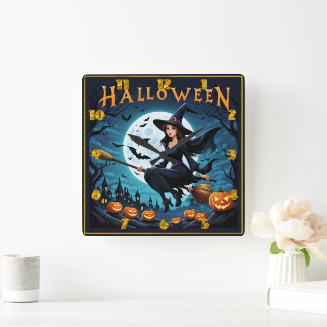 Witch soaring on Halloween night Square Wall Clock (Home)