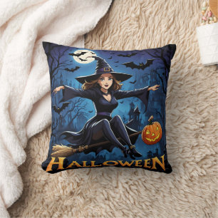 Witch soars over haunted town on Halloween Cushion